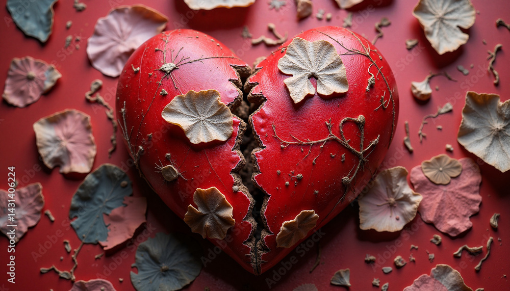 Heart with Bandage, Nurse's Day - Broken Heart with Leaves on Red Background
