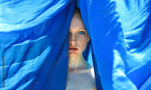 AI generated image of a pale-skinned woman framed dramatically by vivid royal blue fabric. 