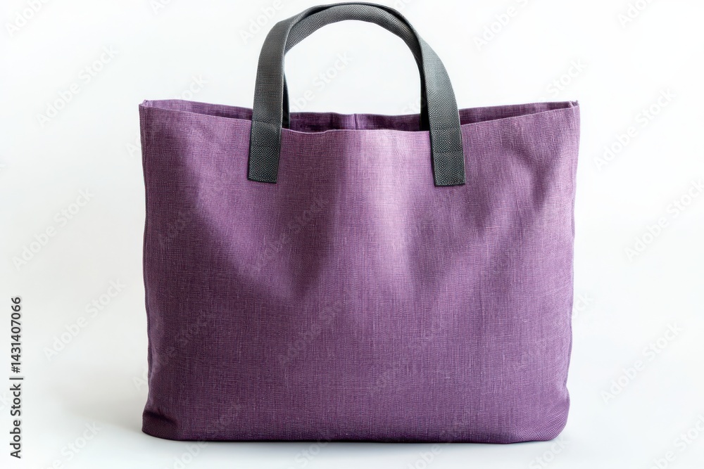 Naklejka premium Purple tote bag made of a natural fabric like linen, with gray handles. The bag is empty and ready to be filled with your necessities.