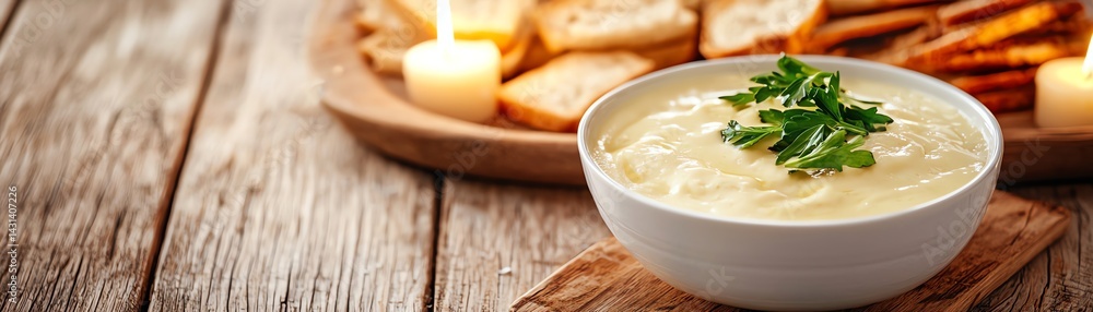 Delicious creamy dip with crunchy snacks. Delicious creamy dip with crunchy snacks.