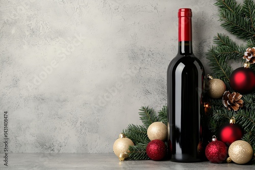 Wine bottle with festive decorations and greenery.