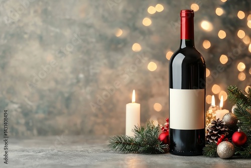 Elegant wine bottle with Christmas decorations.