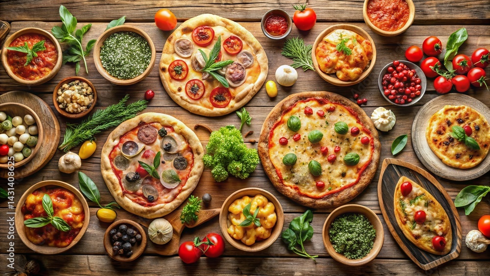 Aerial View of Assorted Pizzas on Rustic Wooden Table Aerial View of Assorted Pizzas on Rustic Wooden Table
