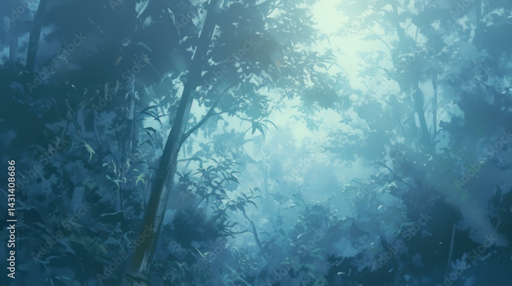 Obraz premium Lush, misty forest scene. Sunlight filtering through the dense foliage