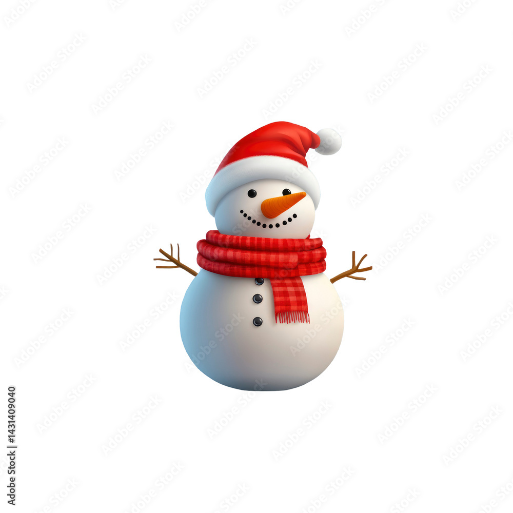 Festive 3D Render of a Cheerful Snowman Wearing a Santa Hat and Scarf Festive 3D Render of a Cheerful Snowman Wearing a Santa Hat and Scarf
