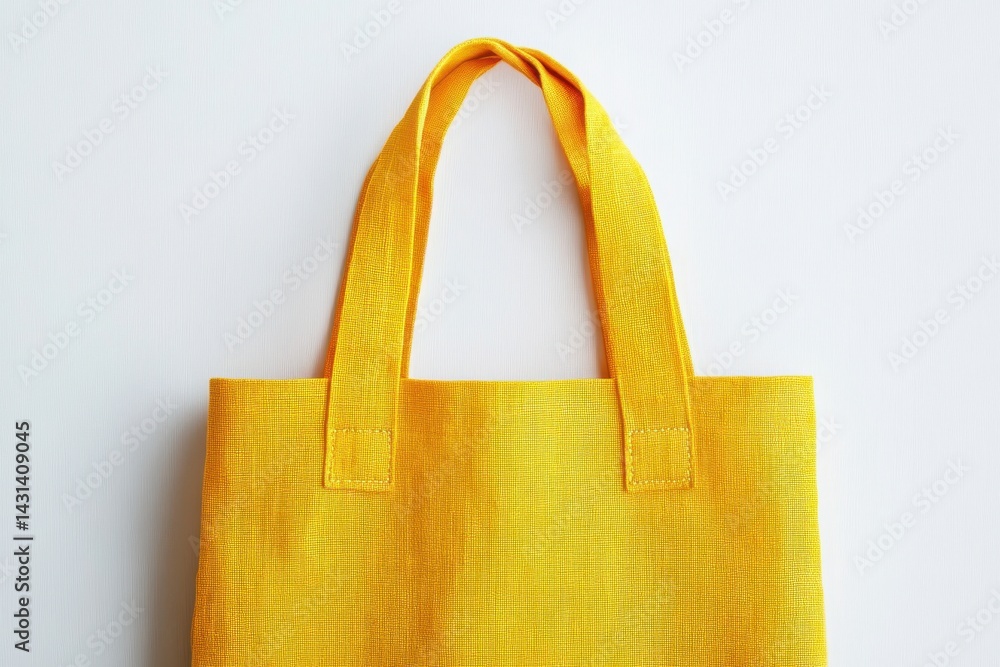 A bright yellow reusable shopping bag with matching fabric handles, seen against a simple white background. Minimalist, sunny, sustainable. A bright yellow reusable shopping bag with matching fabric handles, seen against a simple white background. Minimalist, sunny, sustainable.