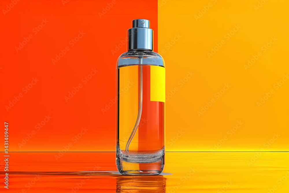 Naklejka premium Transparent perfume bottle on orange and yellow background reflecting on water