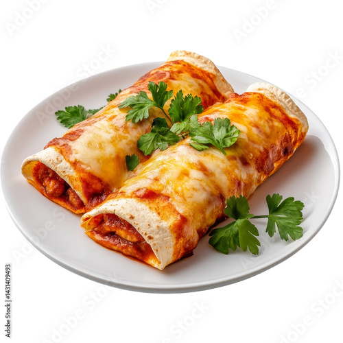 Delicious enchiladas served on white plate, topped with melted cheese and fresh cilantro, showcasing vibrant red sauce. perfect dish for any meal