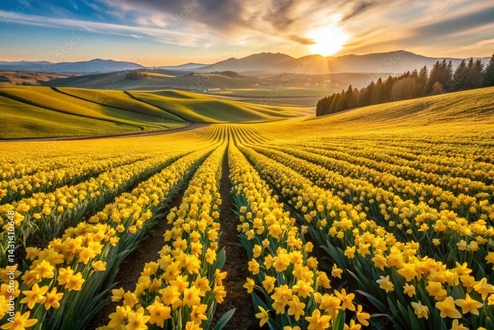 Obraz premium Aerial View of Daffodil Field in Washington State - Spring Blooms