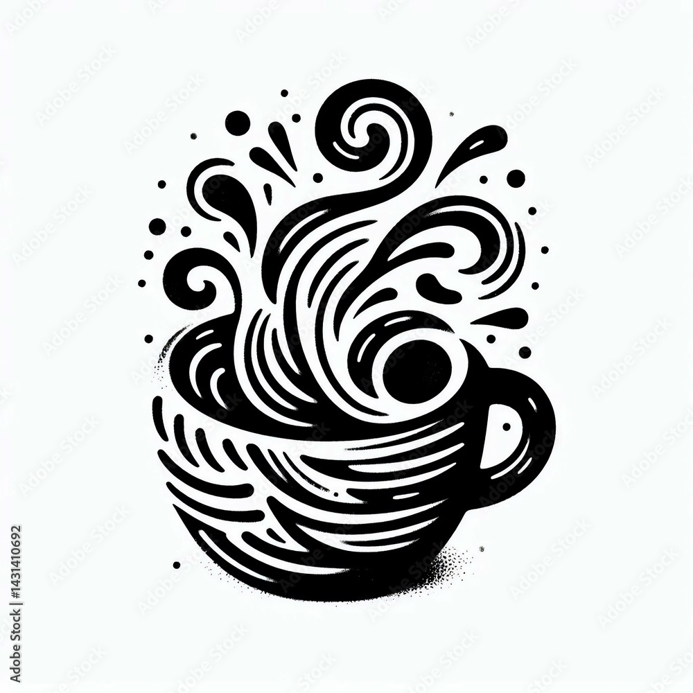 Fototapeta premium Steaming Coffee Bold Black and White Illustration