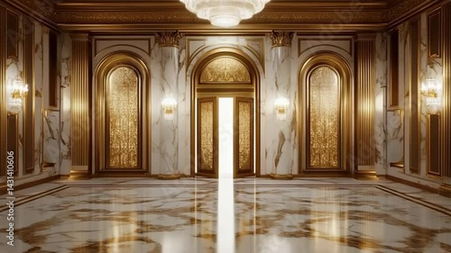Grand entrance hallway featuring marble walls, gilded arches, chandelier, and open doors