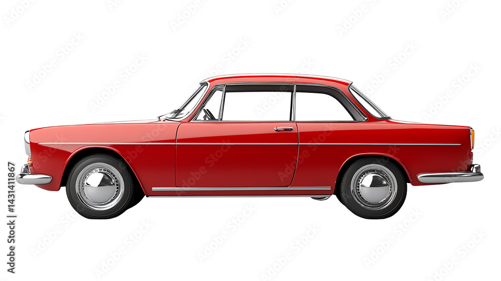Fototapeta premium Vintage red car, side view, isolated on white background.