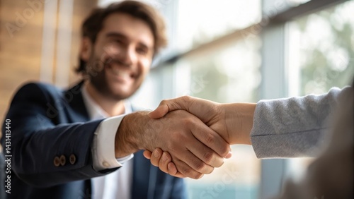 professional development coaching performance Concept. Smiling business professionals shaking hands in an office setting.