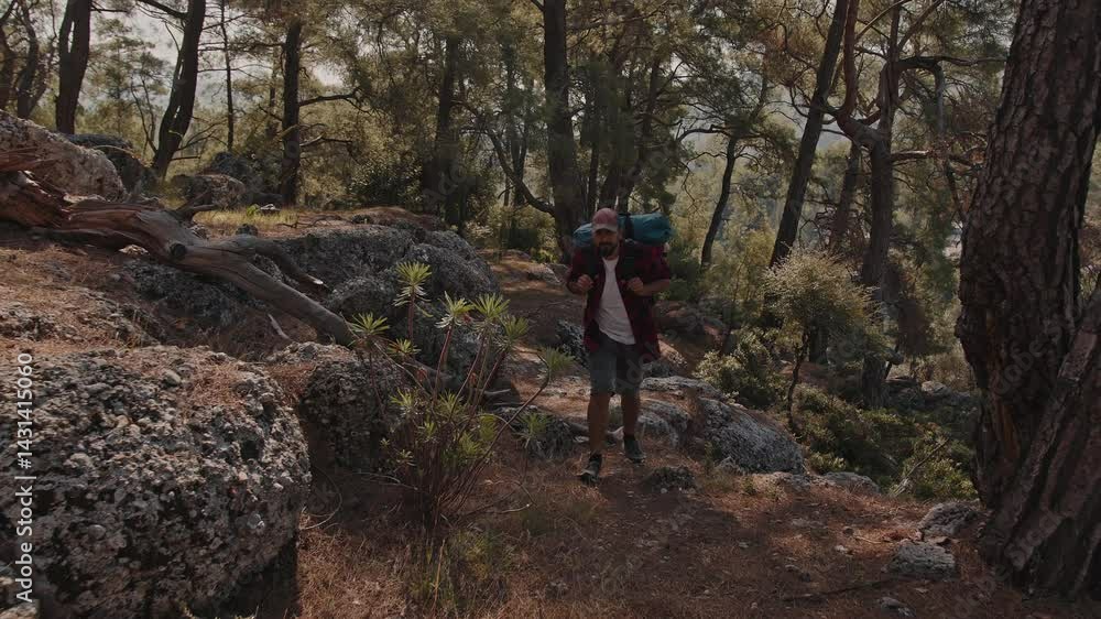 A tourist with a hiking backpack walks along a rocky path in a coniferous forest A tourist with a hiking backpack walks along a rocky path in a coniferous forest