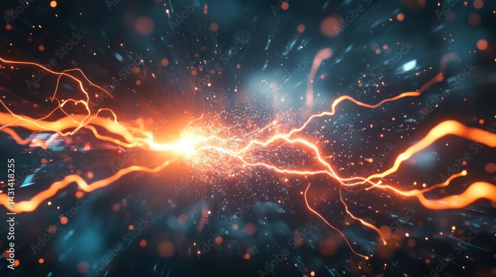 Powerful energy burst, dynamic lines of vibrant orange and blue light explode through a dark backdrop filled with particles Powerful energy burst, dynamic lines of vibrant orange and blue light explode through a dark backdrop filled with particles