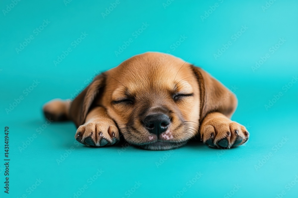 Adorable brown puppy sleeping peacefully on turquoise background