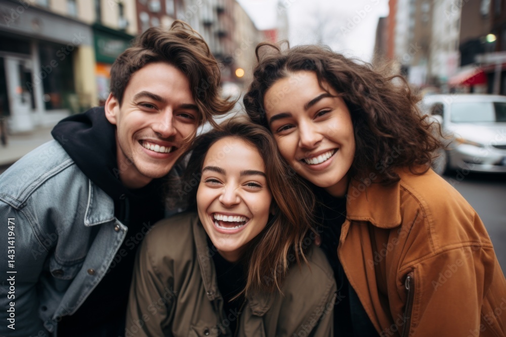 Smiling three young friends posing for a shot in the city Smiling three young friends posing for a shot in the city