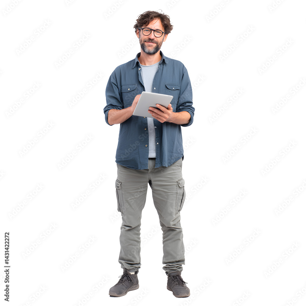 Naklejka premium A man stands holding a tablet in front of him, wearing glasses, a shirt, cargo pants, and shoes on a solid background.