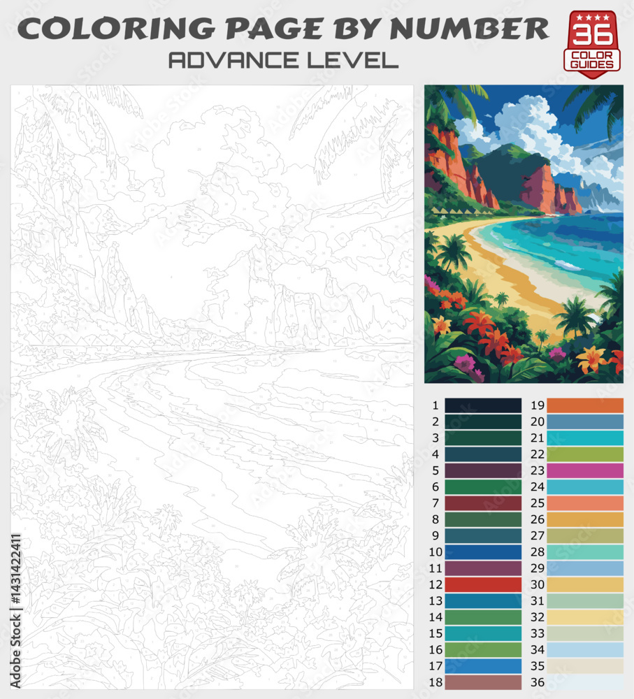 Fototapeta premium Color by Number Printable – Colorful Tropical Coastline with Cliffs and Palm Trees, Advanced Exotic Beach Coloring Page