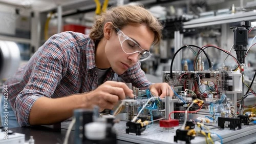 Wallpaper Mural Precision and Innovation: A dedicated engineer concentrates on intricate electrical work, surrounded by complex machinery in a high-tech lab setting. Torontodigital.ca