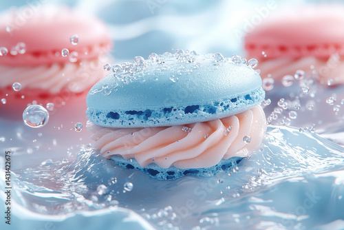 Delicate blue macaron with pink filling and water droplets