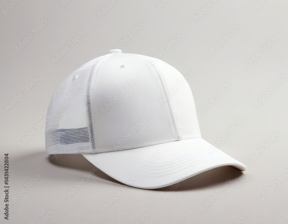 Empty white trucker cap hat mockup template isolated on a clean background, with a subtle shadow and beautiful fold, perfect for your branding design. Empty white trucker cap hat mockup template isolated on a clean background, with a subtle shadow and beautiful fold, perfect for your branding design.