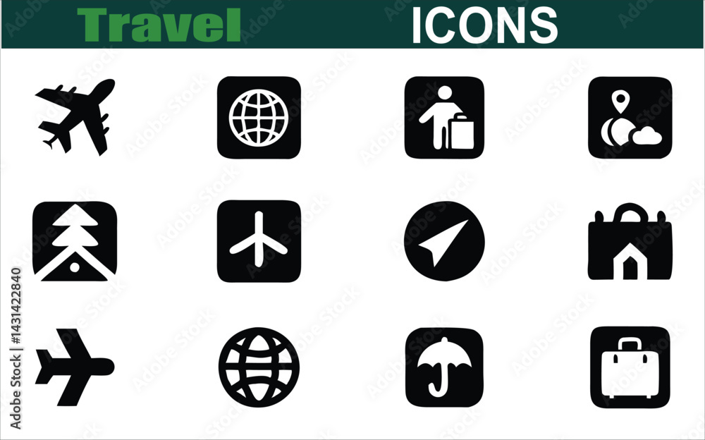 Fototapeta premium Minimalist Travel Icons Pack Aviation, Tourism, Nature and Location Symbols.