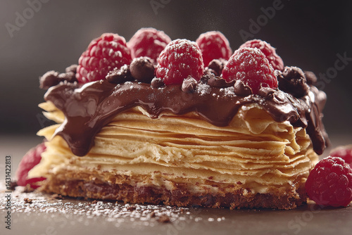 close up of layered pastry topped with chocolate, raspberries, and powdered sugar