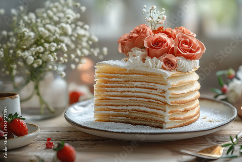 Layered cake with cream and floral decoration on rustic table