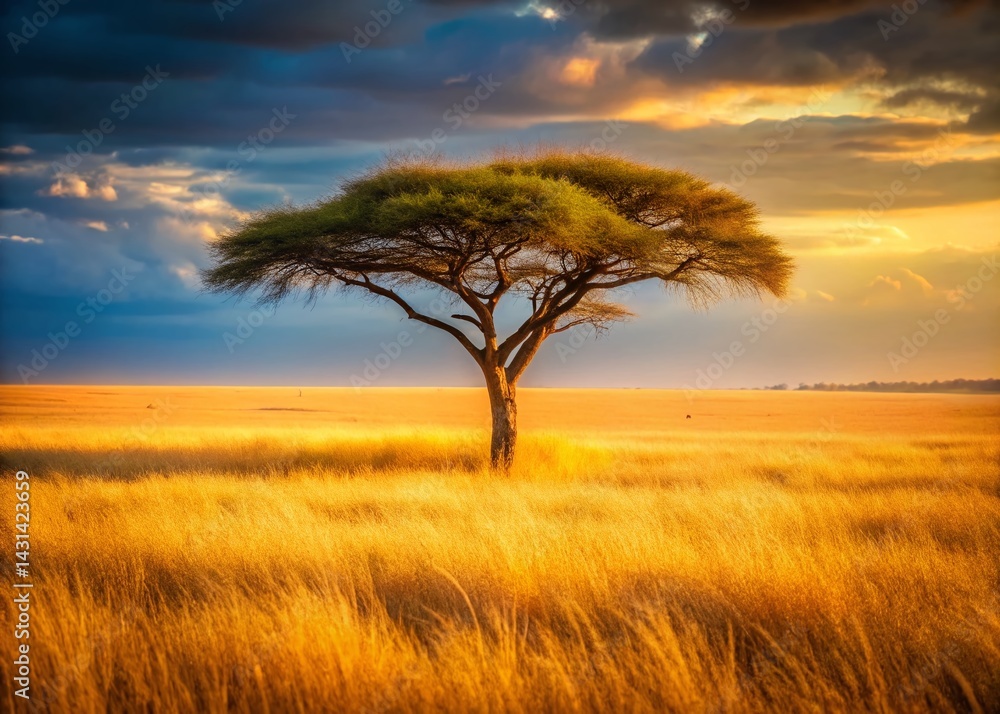 African Savannah Landscape: Golden Grass, Lonely Tree, High Depth of Field African Savannah Landscape: Golden Grass, Lonely Tree, High Depth of Field