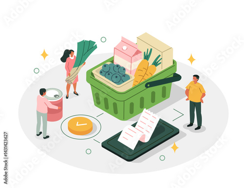 Character standing near shopping basket full with grocery food. Vegetables, fruits, berries, dairy and other groceries, goods. Healthy eating concept. Isometric vector illustration.
