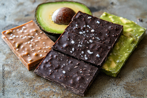 Assorted chocolate bars with sea salt and avocado slices