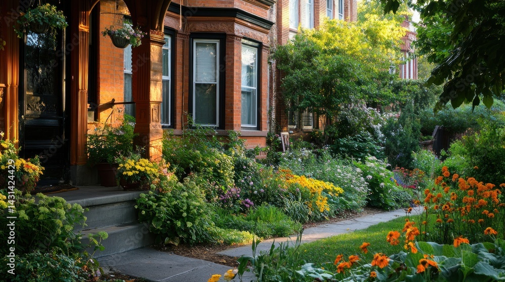 Fototapeta premium Vibrant neighborhood homes with lush gardens. Sunlight streams through foliage, illuminating colorful flowers and plants in meticulously landscaped front yards