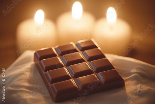 Chocolate bar with warm candlelight in background