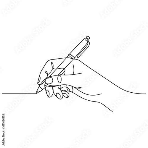 Continuous one line drawing hand palm fingers gestures pen, pencil. Ballpoint in hand. Writing or drawing with ink pen. Vector Black silhouettes. with white background