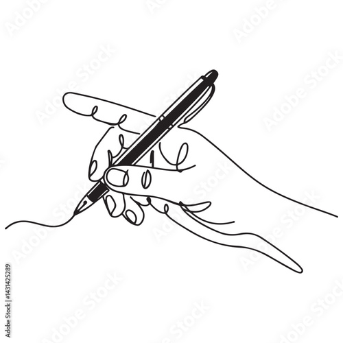 Continuous one line drawing hand palm fingers gestures pen, pencil. Ballpoint in hand. Writing or drawing with ink pen. Vector Black silhouettes. with white background
