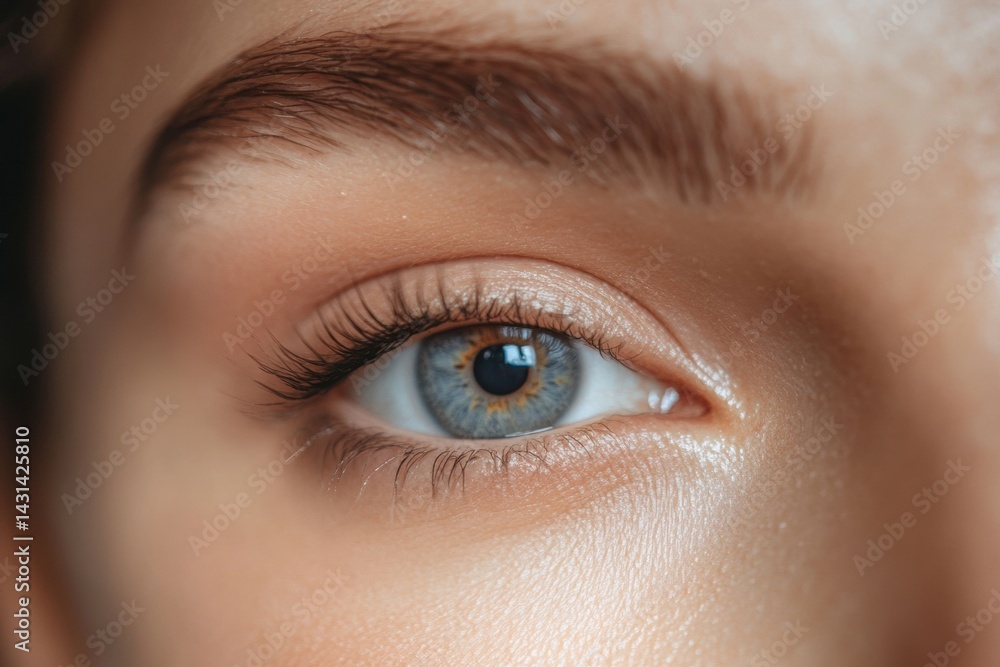 Obraz premium Close-up of young caucasian female eye with blue iris and natural makeup
