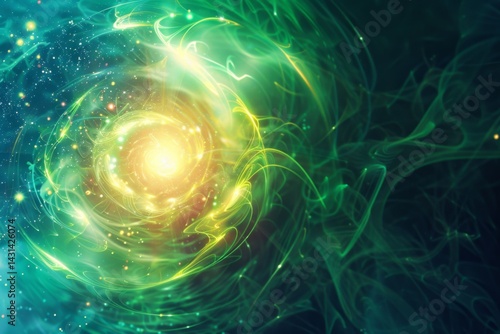 A vibrant green energy burst radiating glowing particles in a swirling abstract motion