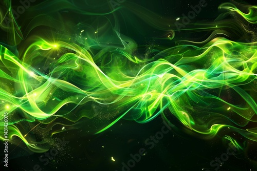 A vibrant green energy burst radiating glowing particles in a swirling abstract motion