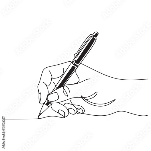 Continuous one line drawing hand palm fingers gestures pen, pencil. Ballpoint in hand. Writing or drawing with ink pen. Vector Black silhouettes. with white background