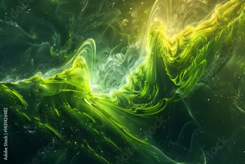 A vibrant green energy burst radiating glowing particles in a swirling abstract motion