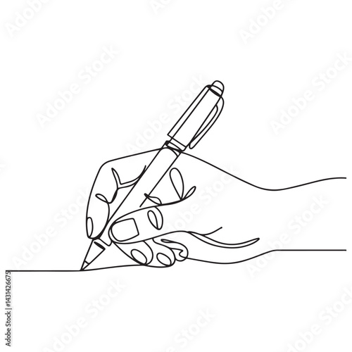 Continuous one line drawing hand palm fingers gestures pen, pencil. Ballpoint in hand. Writing or drawing with ink pen. Vector Black silhouettes. with white background