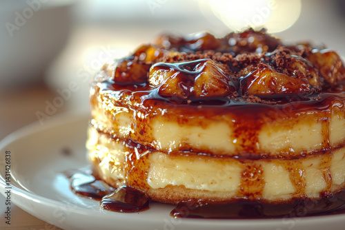 Caramel drizzled layered dessert with bananas and creamy filling on white plate