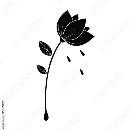 Single petal falling from a stem on white background