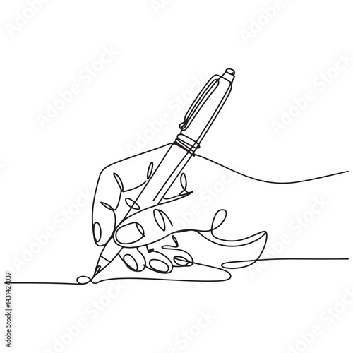 Continuous one line drawing hand palm fingers gestures pen, pencil. Ballpoint in hand. Writing or drawing with ink pen. Vector Black silhouettes. with white background
