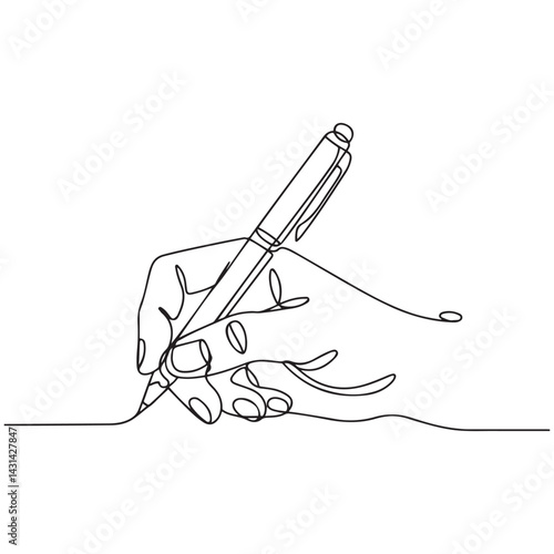 Continuous one line drawing hand palm fingers gestures pen, pencil. Ballpoint in hand. Writing or drawing with ink pen. Vector Black silhouettes. with white background