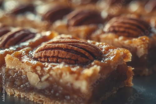 Close up of pecan pie bars with warm and inviting tone