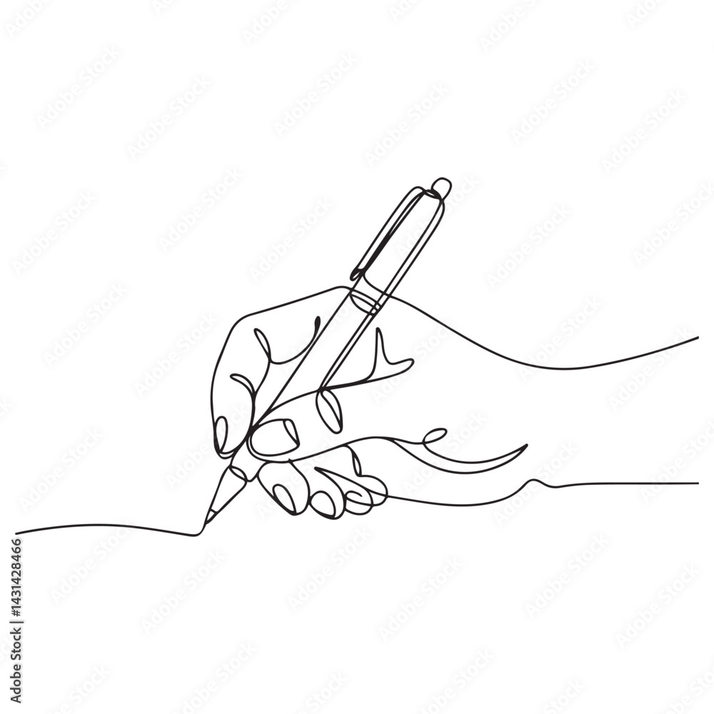 Obraz premium Continuous one line drawing hand palm fingers gestures pen, pencil. Ballpoint in hand. Writing or drawing with ink pen. Vector Black silhouettes. with white background