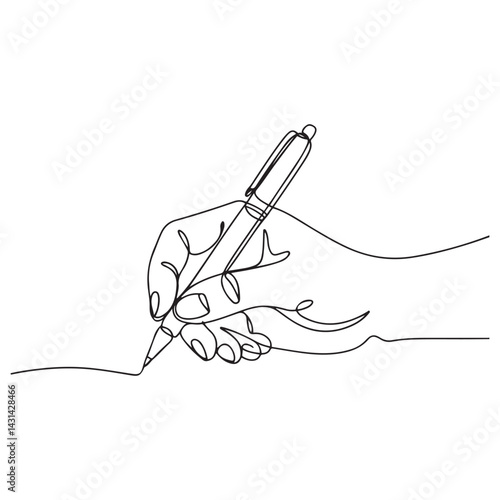 Continuous one line drawing hand palm fingers gestures pen, pencil. Ballpoint in hand. Writing or drawing with ink pen. Vector Black silhouettes. with white background