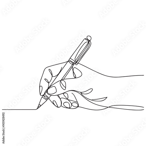 Continuous one line drawing hand palm fingers gestures pen, pencil. Ballpoint in hand. Writing or drawing with ink pen. Vector Black silhouettes. with white background